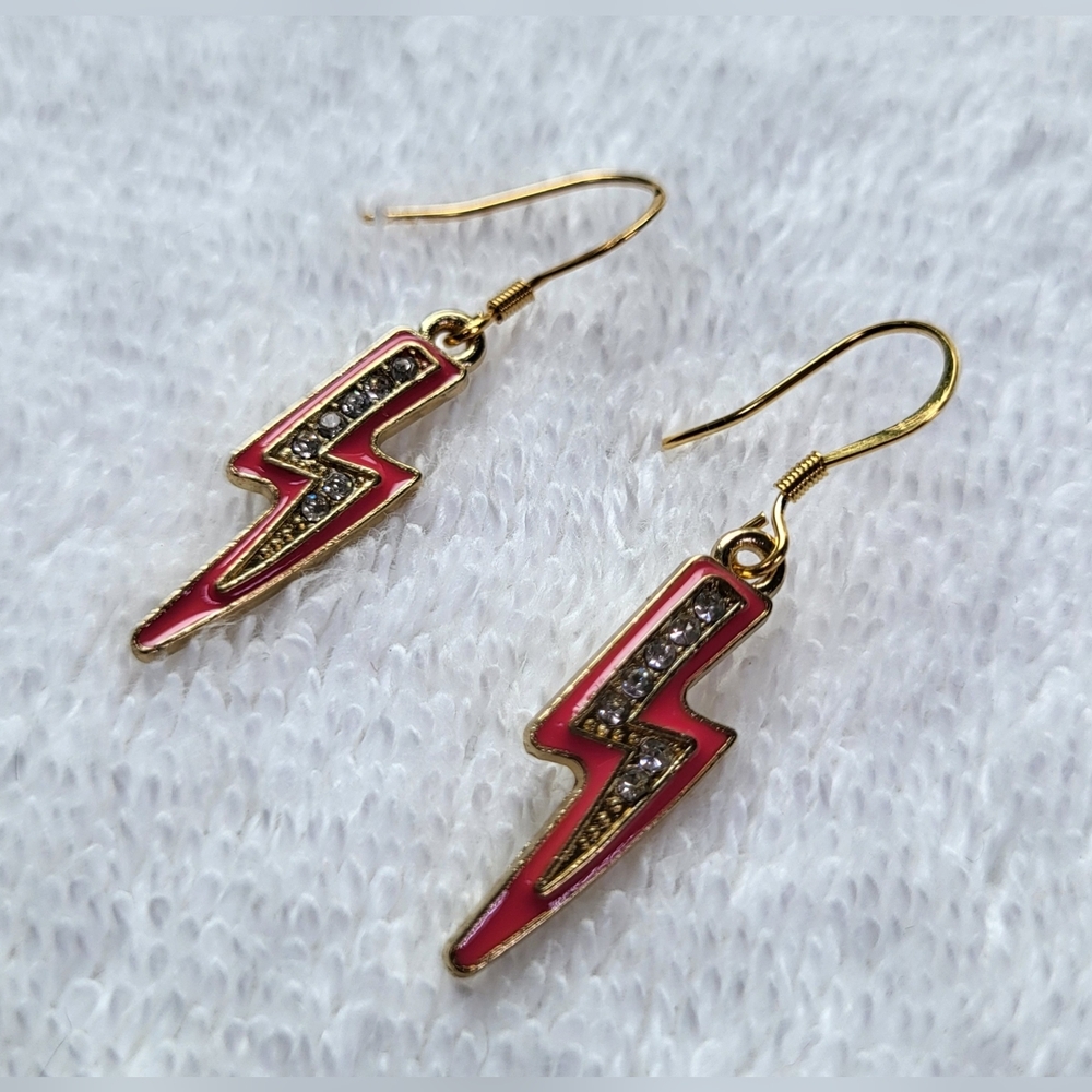 Hot Pink and Rhinestone Lightning Bolt Statement Dangle Earrings / Pierced - Picture 3 of 6